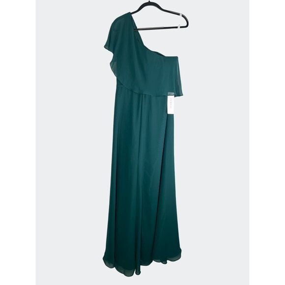 AZAZIE Pine A-Line One Shoulder Chiffon Maxi Formal Dress Ruffle Overlay Size 14 - Picture 8 of 14